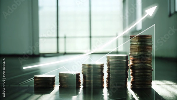 Fototapeta Stack of coins with upward arrow, symbolizing finance profit growth and investment