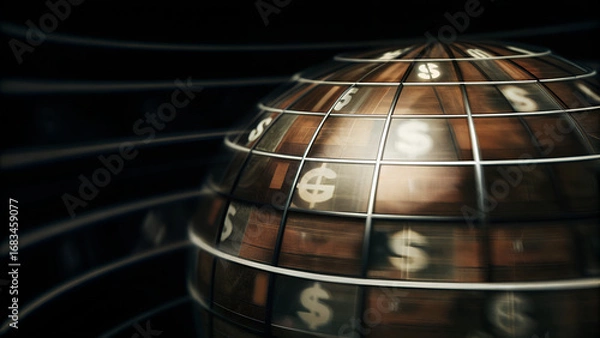 Fototapeta World globe with international banknotes and currency signs, concept of money transfer and fore