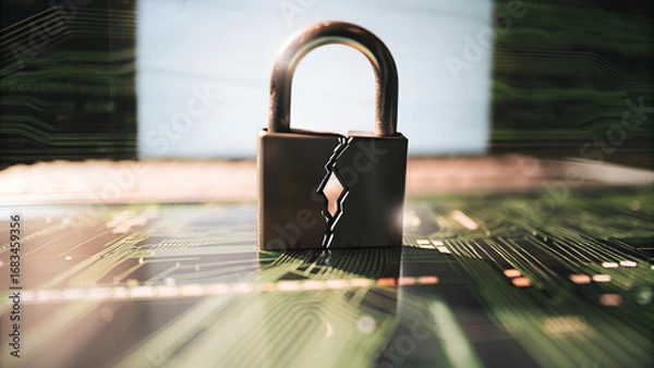 Fototapeta Cybersecurity concept system hack alert with broken padlock