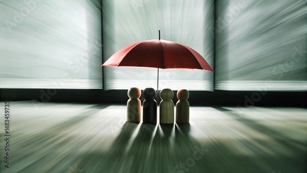Fototapeta Red toy umbrella with woods figures on a blue background symbolizing insurance protection