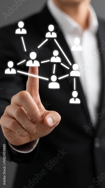 Fototapeta Businessman connecting global network, visualizing teamwork, leadership, and professional collaboration in a digital age.