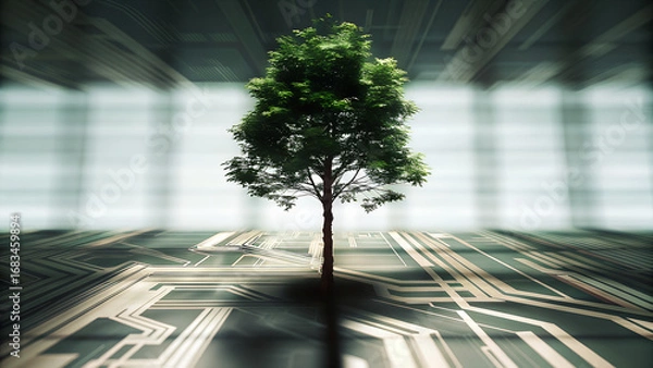 Fototapeta Tree growing on a computer circuit board with blue digital background concept o green technology and sustainability