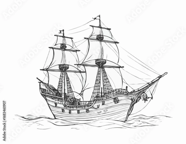 Fototapeta Pirate ship hand drawn sketch Vector illustration