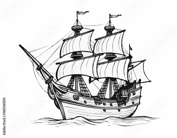 Fototapeta Pirate ship hand drawn sketch Vector illustration