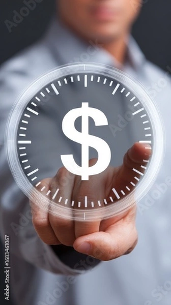 Fototapeta Time management and financial control, man holding clock symbolizing wealth creation through efficient resource allocation.