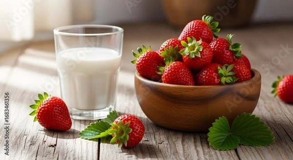 Obraz Fresh, ripe strawberries are piled high in a wooden bowl next to a glass of milk, with a few scattered berries and green leaves on a rustic wooden surface.