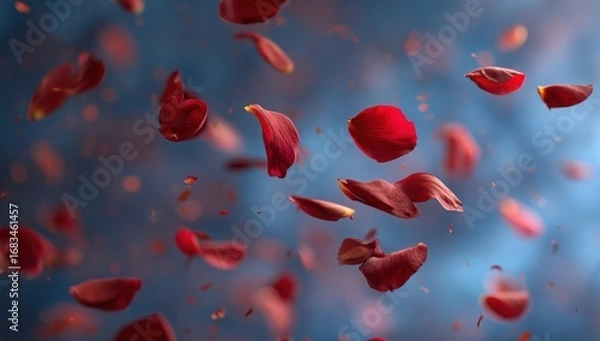 Fototapeta Red rose petals floating in the air against a blurred blue background
