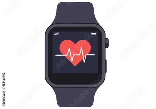 Fototapeta A stylish smartwatch displays a heart rate monitor with a red heart icon. Modern, minimalist design. Perfect for health, technology, and lifestyle visuals.