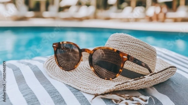 Fototapeta Relaxing poolside getaway captured in a sun-soaked scene filled with leisure accessories and