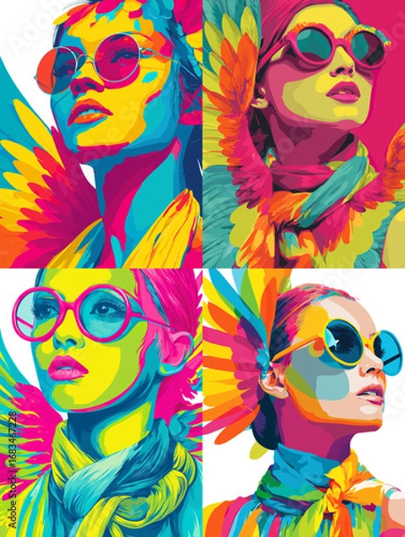 Fototapeta Stylish pop art illustration of fashionable women with sunglasses and colorful wing patterns. Bold geometric design in vibrant modern art style.