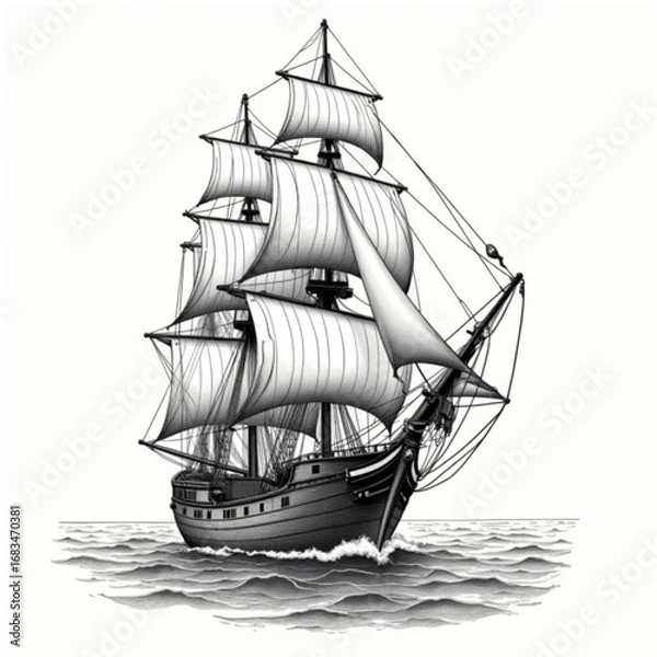 Fototapeta Sailing the Horizon: A majestic galleon cuts through the waves, sails billowing in the wind, evoking a sense of adventure and exploration on the open sea.
