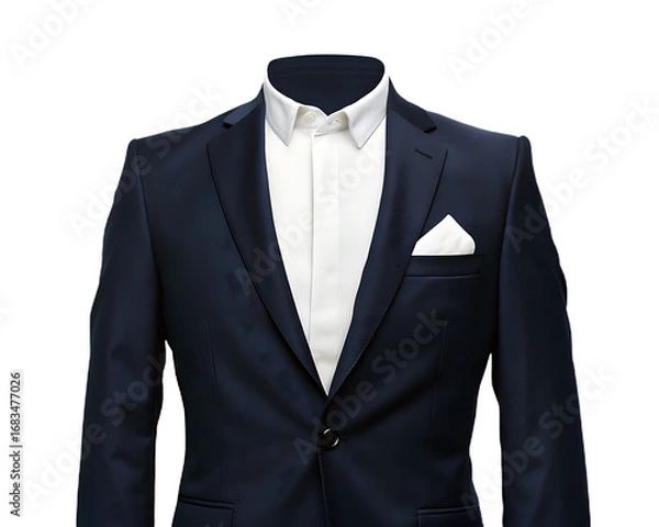 Obraz Dark navy blue suit with white shirt and pocket square isolated on a transparent background