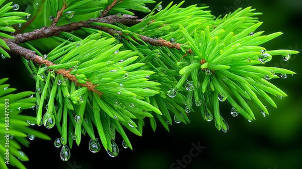 Fototapeta A vibrant close-up of fresh pine needles covered in sparkling dew drops, showcasing bright green textures and natural beauty in a peaceful forest setting.