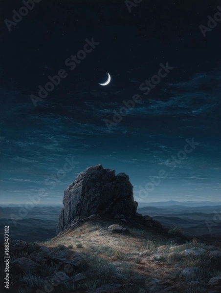 Fototapeta a dark moonlit landscape featuring a solitary rock formation against a vast dark expanse under a crescent moon
