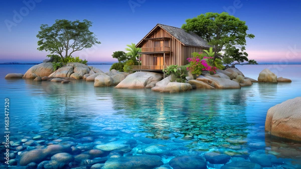 Fototapeta A tranquil tropical island featuring a cozy wooden house surrounded by crystal-clear turquoise water, lush trees, and serene ocean beauty — the perfect dream paradise escape.
