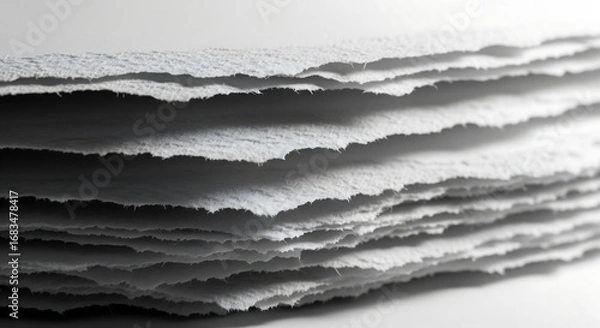 Fototapeta Close up of a stack of rough white paper sheets with deckled edges