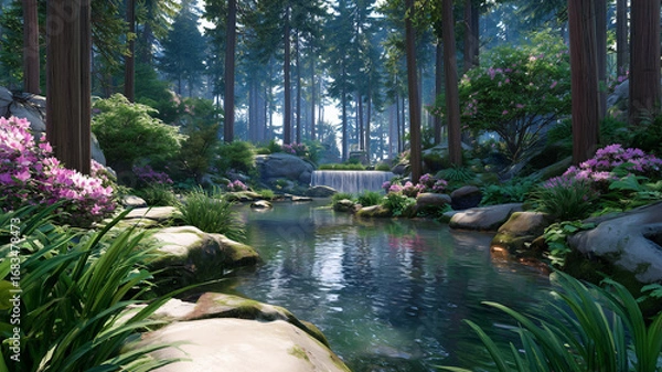 Fototapeta A serene forest river surrounded by tall pine trees and blooming flowers, reflecting the peaceful beauty of untouched nature in a tranquil woodland setting.