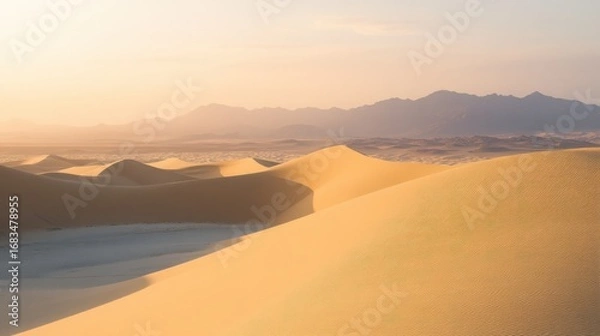 Fototapeta Golden dunes undulate toward distant mountain ranges, bathed in warm hues of sunlight