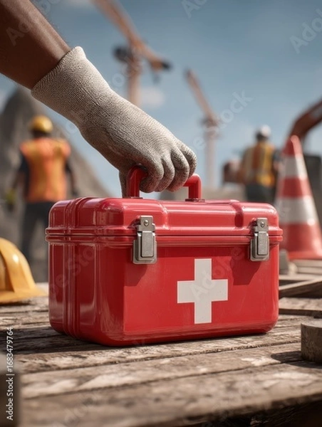 Fototapeta construction site worker safety and first aid kit a worker placing a red first aid kit on a table emphasizing safety and preparedness in a construction environment