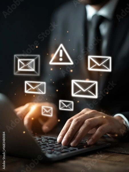 Fototapeta businessman typing on laptop with warning email icons representing email threat phishing attack malware data breach cybersecurity alert scam message spam risk and online fraud protection