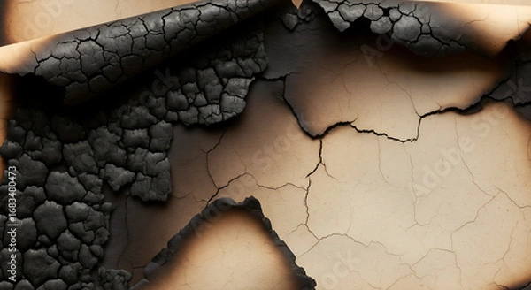 Fototapeta Burnt paper texture with charred edges and crackled surface background