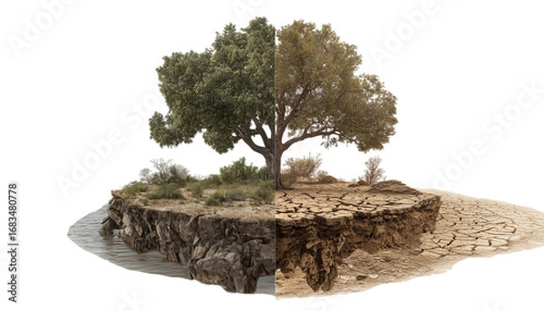 Fototapeta Side by side flood and drought imagery comparison Isolated on a transparent background