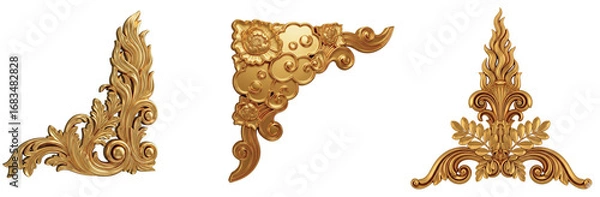 Obraz A set of three isolated golden rococo and baroque style corner design elements, perfect for vintage decoration and elegant framing