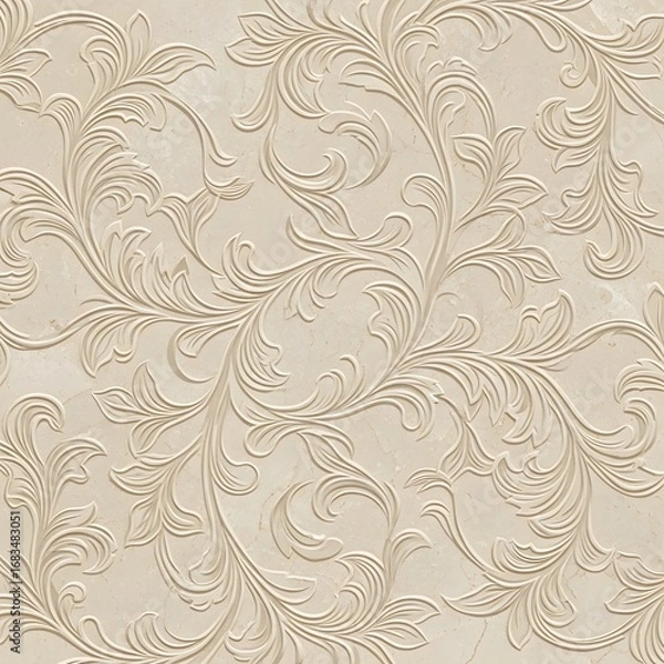 Fototapeta Beige floral embossed pattern background with swirling leaves and delicate details