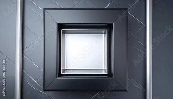 Fototapeta Minimalist square mirror elevated within larger frame on grey surface with blurred plant and cylindrical object in soft modern setting