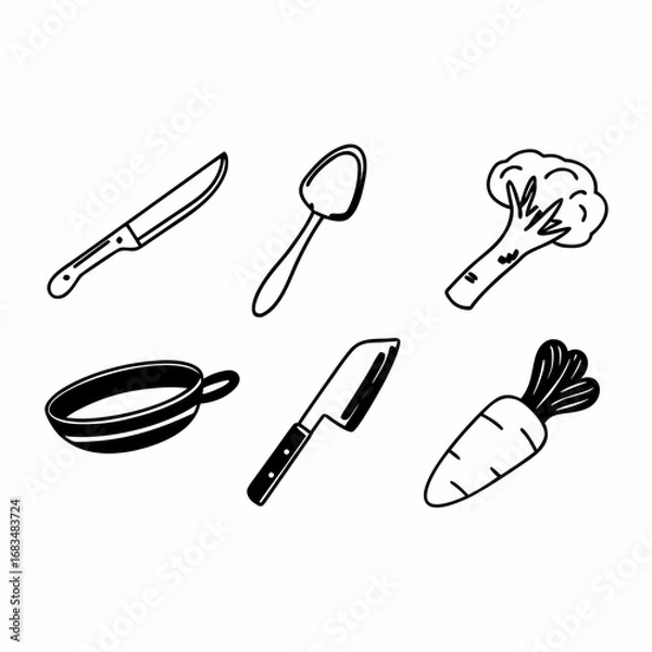 Obraz Illustration of a set of kitchen utensils and vegetables