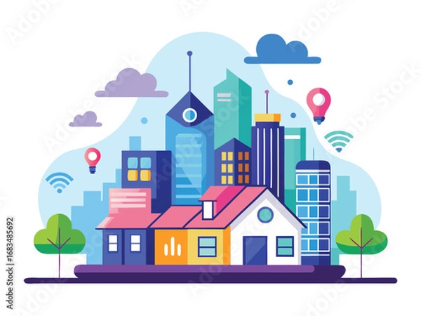 Fototapeta Modern smart home technology connecting to a connected city ecosystem
