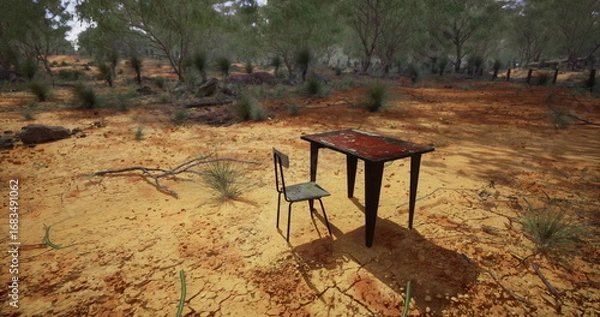 Fototapeta A solitary wooden table stands with a painted surface, accompanied by a weathered chair amid a parched terrain.