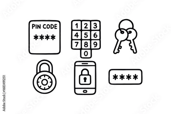 Obraz hand drawn cute doodle style line isolated on white background: pin code number pad access key lock digit phone lock secure input