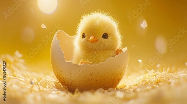 Fototapeta Fluffy easter chick hatching from empty egg springtime celebration digital illustration warm environment close-up adorable concept for seo impact