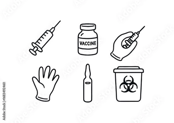 Obraz hand drawn cute doodle style line isolated on white background: sterile syringe vaccine vial injection hand medical glove dose ampule sharps bin