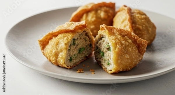 Fototapeta Golden-fried dumplings, one sliced in half, on a light plate. Filling appears to be savory meat and vegetables