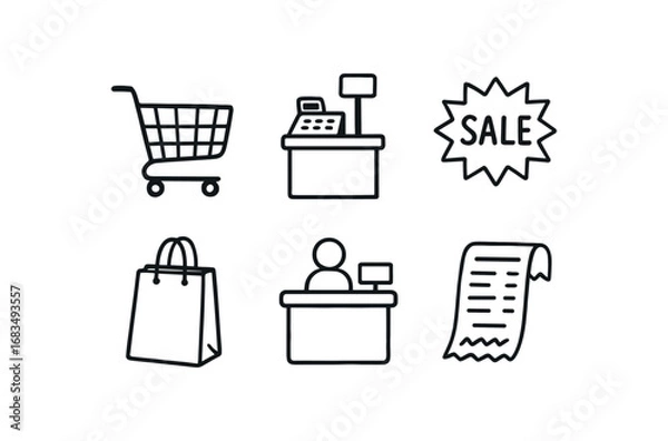 Obraz hand drawn cute doodle style line isolated on white background: shopping cart checkout kiosk sale retail bag customer desk shop receipt