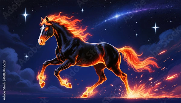Fototapeta Flaming red horse galloping across night sky with stars and fire trails, symbolizing 2026 year of the fire horse in fantasy zodiac concept