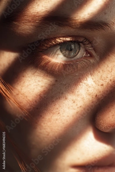 Obraz A hyper-realistic close-up portrait of a woman's face with intricate details and soft focus.