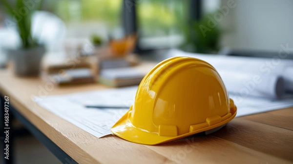 Fototapeta Construction Plans and Budget Documents Scattered on Wooden Desk with Grainy Texture and Pencil Marks Yellow Hard Hat Symbolizing Precision Blurred Office Background Highlighting