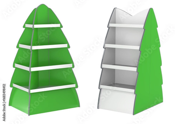 Fototapeta Retail Christmas tree shaped cardboard display stands. 3d illustration transparent background