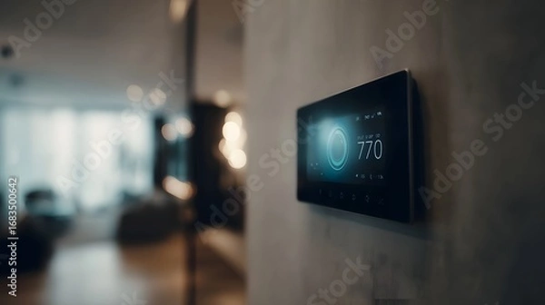 Fototapeta Smart home control panel displaying temperature in a modern interior setting highlighting advanced technological comfort