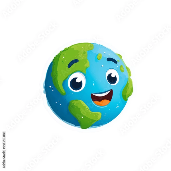 Fototapeta Smiling planet Earth cartoon character emoji with expressive face Isolated on a transparent background