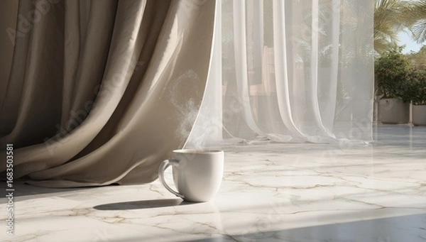 Obraz A cup of coffee on a marble floor, bathed in sunlight, with soft beige and white curtains