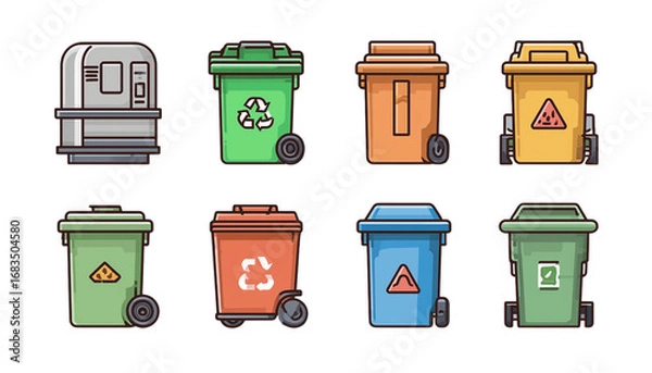 Fototapeta Waste management cycle icon set with trash bins Isolated on a transparent background