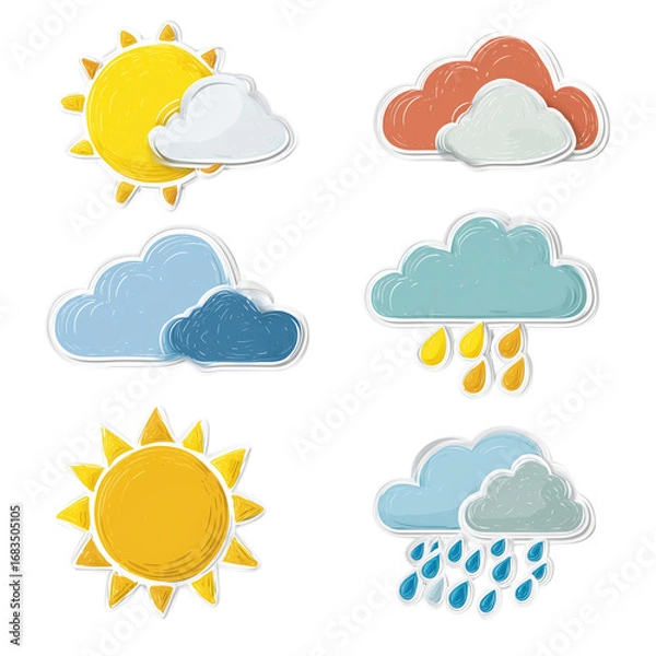 Fototapeta Weather icon sticker set with cloud and rain variations Isolated on a transparent background
