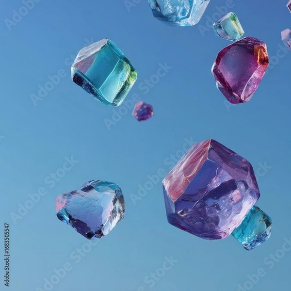 Fototapeta Colorful translucent cubes suspended in mid-air against a clear cerulean sky.  Many faceted cubes in shades of turquoise, purple, pink, and  blue,  seem to float or fall gently in a playful.
