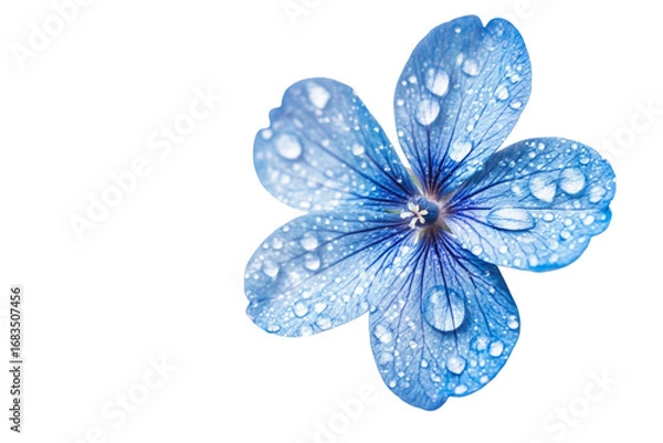 Fototapeta Delicate blue flower adorned with sparkling water droplets isolated on a pristine black canvas