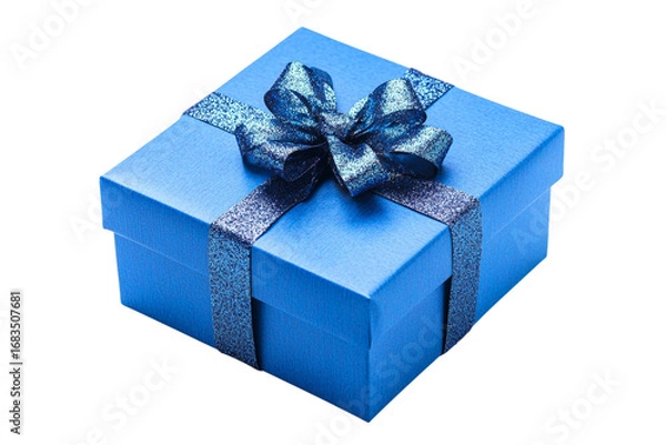 Fototapeta Elegant blue gift box with shiny ribbon and bow isolated for festive occasions and celebrations