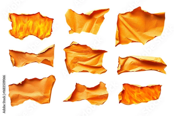 Fototapeta Abstract fiery torn paper pieces set glowing orange and yellow textures isolated